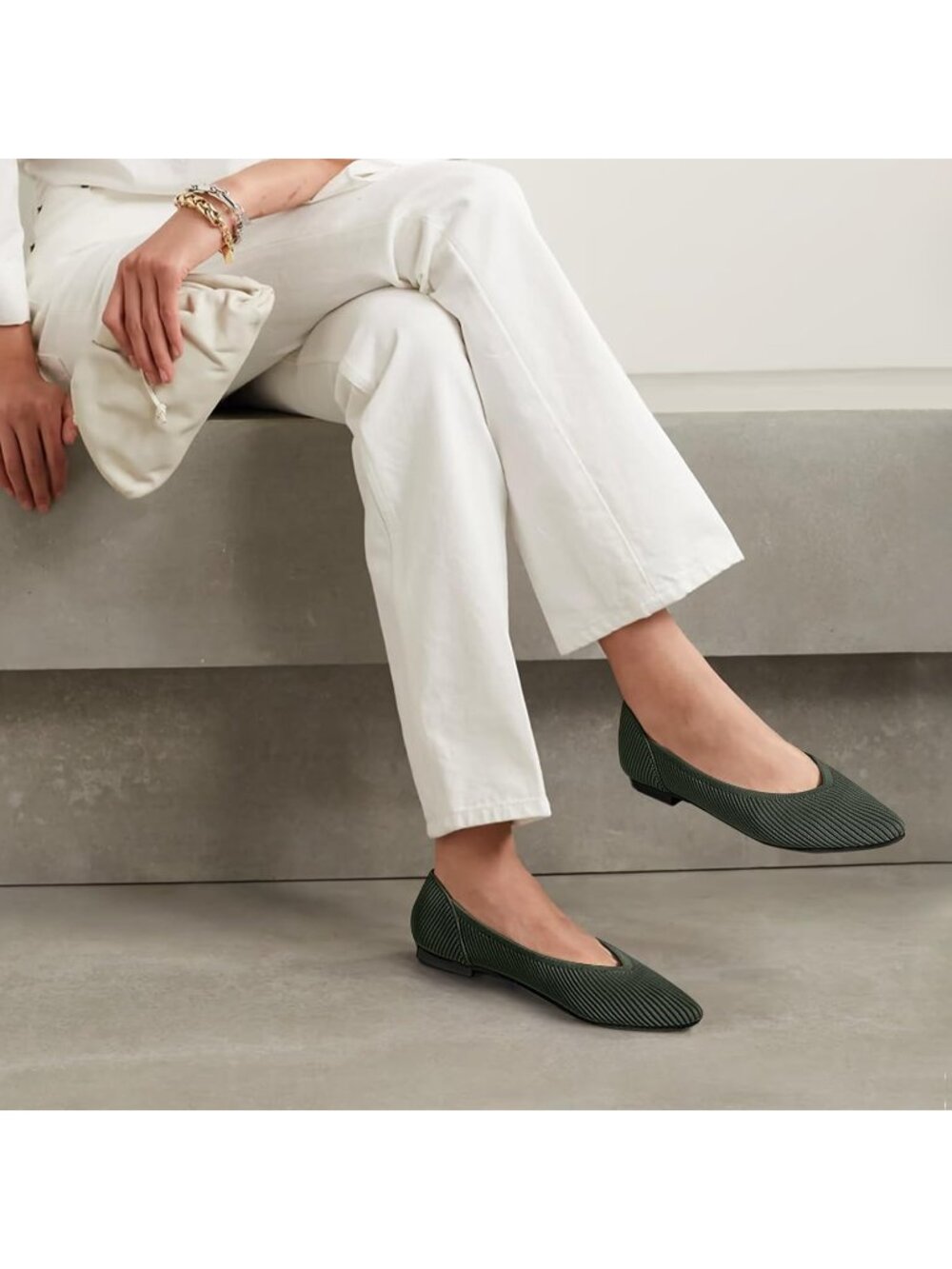〽️Women's Green Pointed Toe Knit Flat Ballet Rubber Comfortable Slip On Shoes
